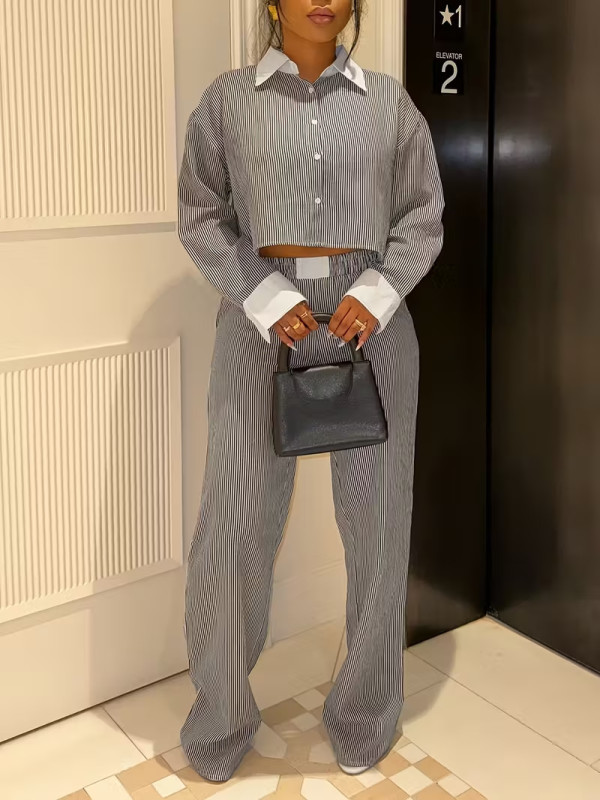 Lapel Long Sleeve Shirt Two Piece Pants Set GHYX-V8111