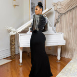 Mesh Hot Drill Long Sleeve Split Maxi Dress CYA-901548