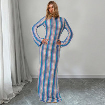 Color Woven Stripes Long Sleeve Maxi Dress GFRT-42206DBG