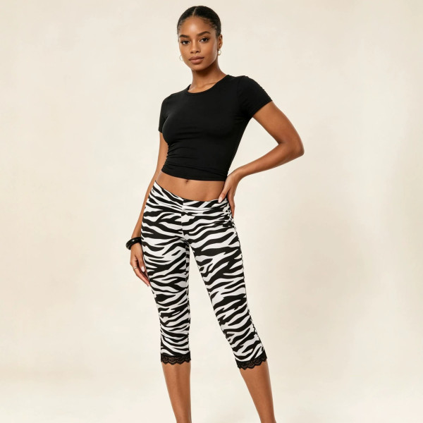 Zebra Stripe Lace Patchwork Seventh Pants GNJF-Z002