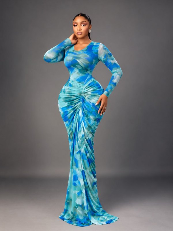 Long Sleeve Ruched Printed Maxi Dress GFXI-fx1205