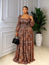 Long Sleeve Printed Square Neck Maxi Dress GFXI-fx1142