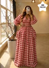 Plaid Printed V Neck Top Long Skirts 2 Piece Set GFXI-fx1140