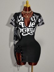 Letter Printed V Neck Mini Dress GNJF-NJ9016