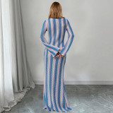 Color Woven Stripes Long Sleeve Maxi Dress GFRT-42206DBG