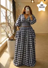 Plaid Printed V Neck Top Long Skirts 2 Piece Set GFXI-fx1140
