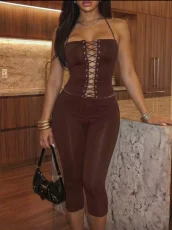 Printed Halterneck Tie Up Two Piece Pants Set GNJF-NJ2311