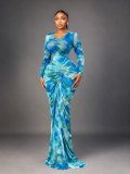 Long Sleeve Ruched Printed Maxi Dress GFXI-fx1205