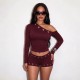 Slash Shoulder Long Sleeve Two Piece Shorts Set DLSF-K6S21468A