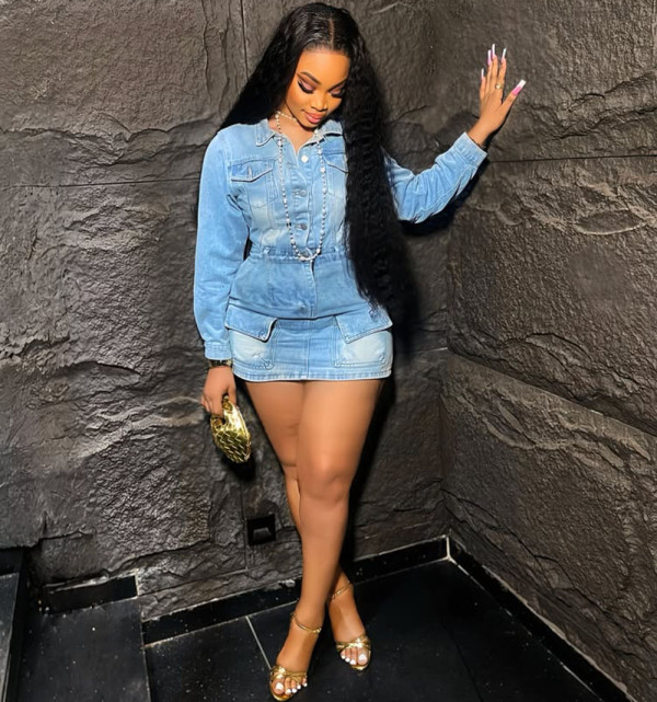 Plus Size Long Sleeve Washed Denim Mini Dress GAKF-A51004