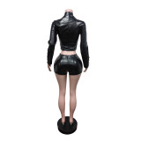 Long Sleeve Zipper PU Leather 2 Piece Shorts Set MEM-88735