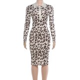 Leopard Printed Long Sleeve Midi Dress DLSF-K6D20547A