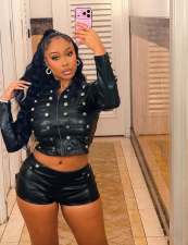 Long Sleeve Zipper PU Leather 2 Piece Shorts Set MEM-88735