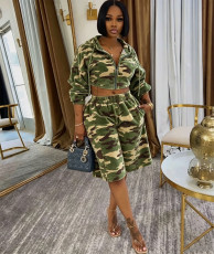 Plus Size Camouflage Printed Long Sleeve Denim Short Suit GAKF-A60811