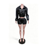 Long Sleeve Zipper Leather Jackets Short Suit MEM-88734
