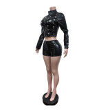 Long Sleeve Zipper PU Leather 2 Piece Shorts Set MEM-88735