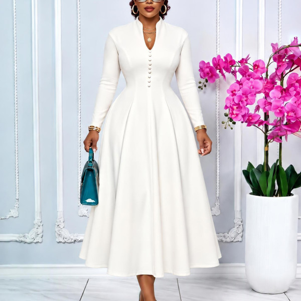 Plus Size Long Sleeve Solid Color Big Swing Midi Dress GCZF-8681