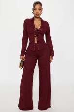 Lapel Long Sleeve Shirt Two Piece Pants Set GKYS-2573