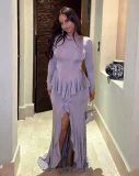 Deep V Neck Ruffles Split Maxi Dress GLYK-LX0163