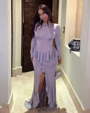 Deep V Neck Ruffles Split Maxi Dress GLYK-LX0163