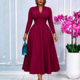 Plus Size Long Sleeve Solid Color Big Swing Midi Dress GCZF-8681