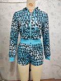 Leopard Printed Long Sleeve Hooded Short Suit GBGF-5056