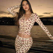Leopard Printed Long Sleeve Hooded Pants Suit GLAG-S4616686G