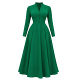 Plus Size Long Sleeve Solid Color Big Swing Midi Dress GCZF-8681
