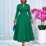 Plus Size Long Sleeve Solid Color Big Swing Midi Dress GCZF-8681