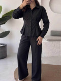 Solid Color Ruched Long Sleeve Shirt Pants Suit MIL-L409