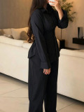 Solid Color Ruched Long Sleeve Shirt Pants Suit MIL-L409