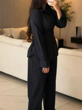 Solid Color Ruched Long Sleeve Shirt Pants Suit MIL-L409