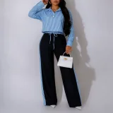 Long Sleeve Stripe Top Wide Leg Pants Suit HNIF-GY357
