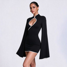 Solid Color Long Sleeve Hollow Out Mini Dress GSZM-C26DS445