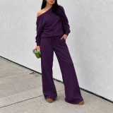 Solid Color Slash Shoulder Top Pants Suit HNIF-YF413