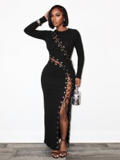 Long Sleeve Hollow Out Split Bandage Dress GHYX-TXY5508