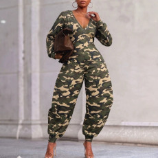 Camouflage Printed V Neck Loose Jumpsuit GQLK-6620