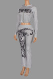 Leopard Printed Zipper Hooded Coat Two Piece Pants Set YWXS-K26L3038