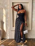 Polka Dot Printed Patchwork Split Maxi Dress(With Scarf) GADE-92741