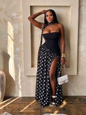 Polka Dot Printed Patchwork Split Maxi Dress(With Scarf) GADE-92741