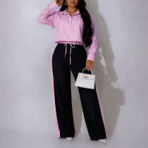 Long Sleeve Stripe Top Wide Leg Pants Suit HNIF-GY357