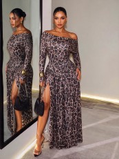 Leopard Printed Long Sleeve Split Maxi Dress GHYX-TXY5593