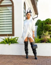 Solid Color Knits Long Sleeve Two Piece Shorts Set CM-61028