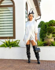 Solid Color Knits Long Sleeve Two Piece Shorts Set CM-61028