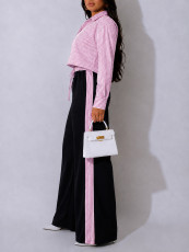 Long Sleeve Stripe Top Wide Leg Pants Suit HNIF-GY357