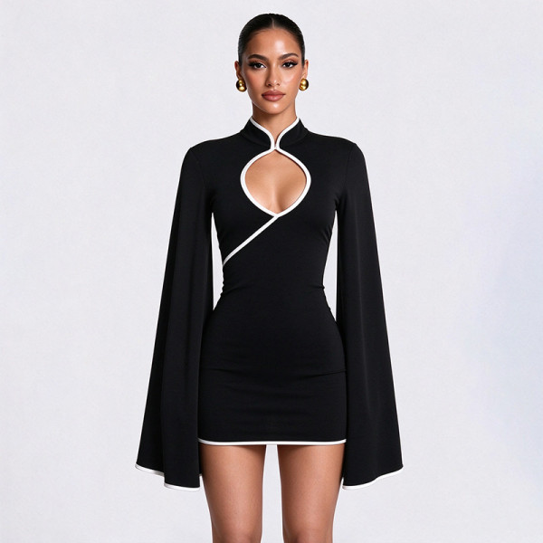 Solid Color Long Sleeve Hollow Out Mini Dress GSZM-C26DS445