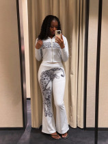 Leopard Printed Zipper Hooded Coat Two Piece Pants Set YWXS-K26L3038
