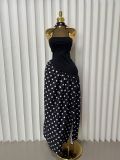 Polka Dot Printed Patchwork Split Maxi Dress(With Scarf) GADE-92741