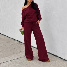 Solid Color Slash Shoulder Top Pants Suit HNIF-YF413