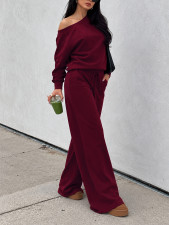 Solid Color Slash Shoulder Top Pants Suit HNIF-YF413